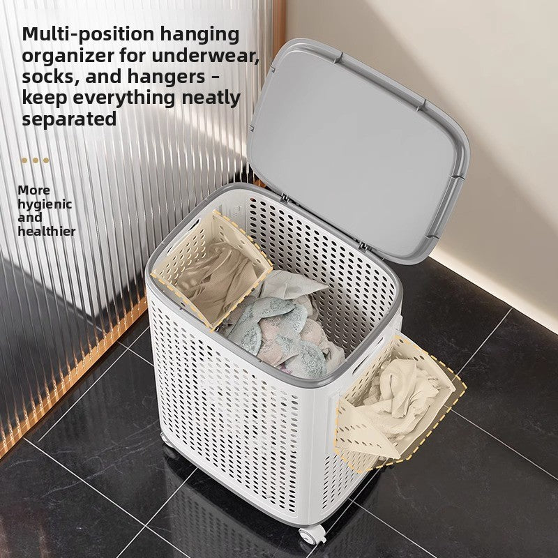 Medium and Large Laundry Basket with cover/silent wheels/double baskets/handle