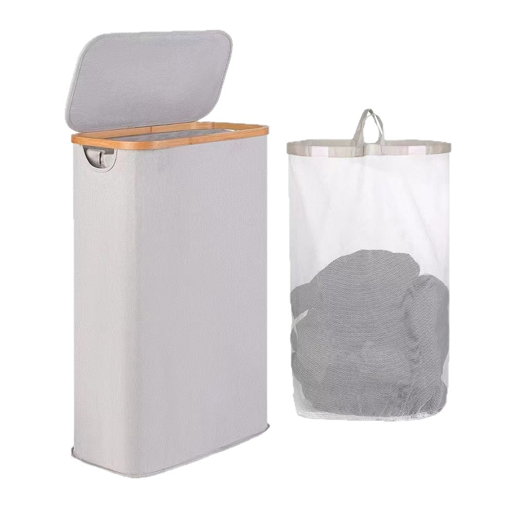 Durable Bamboo Frame Foldable Laundry Basket with Inner Bag