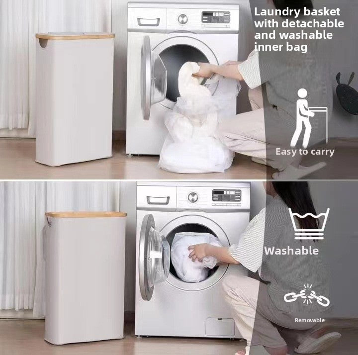 Durable Bamboo Frame Foldable Laundry Basket with Inner Bag