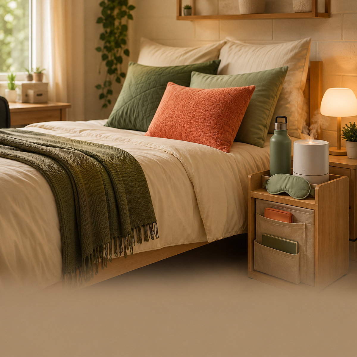 Cozy dorm-room bed with comfort and self-care essentials