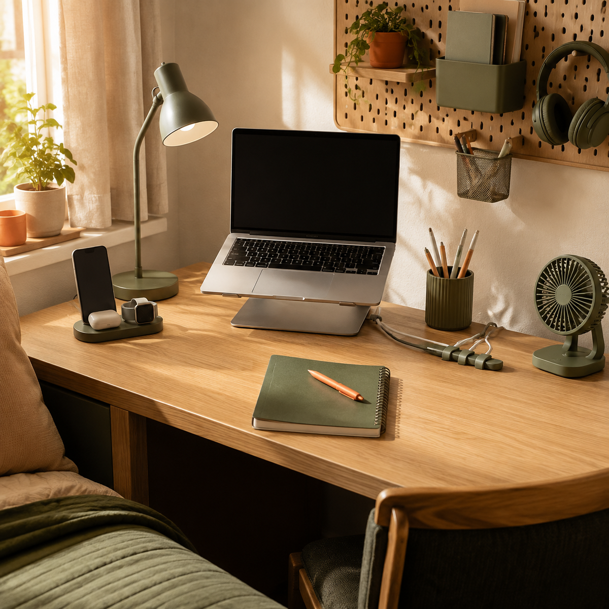 Organized dorm-room desk setup with study accessories
