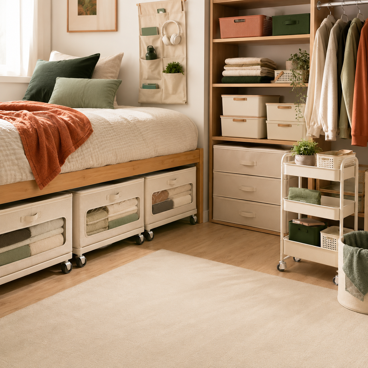 Organized dorm-room storage with under-bed bins and shelving